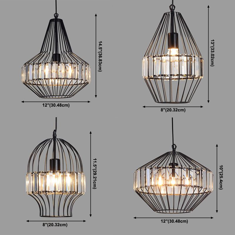 Illuminazione a sospensione cristallina in gabbia geometrica Vintage Light Black Affermazione per ristorante