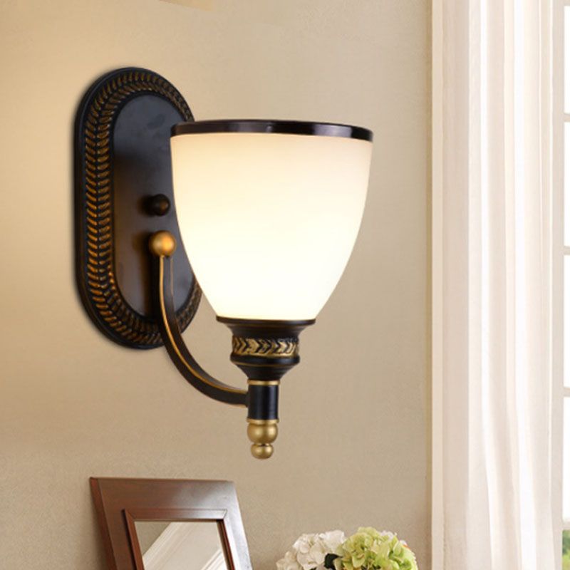 Metal Dome Wall Light Sconce Vintage Style 1/2-Head Living Room Wall Lamp with White Glass in Black