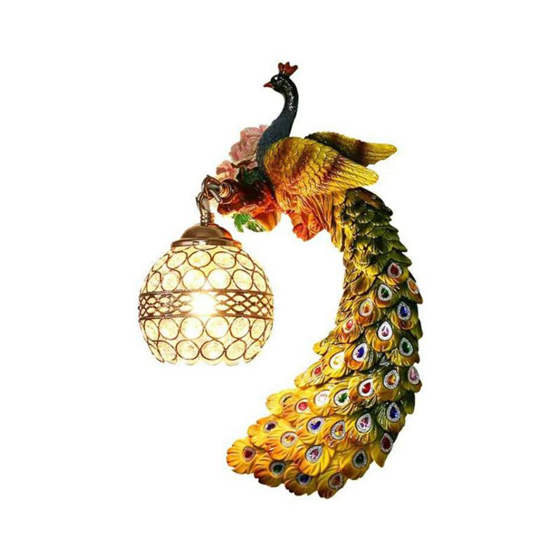 1-Light Wall Light Fixture Classic Crystal Spherical Wall Lamp with Resin Peacock Backplate