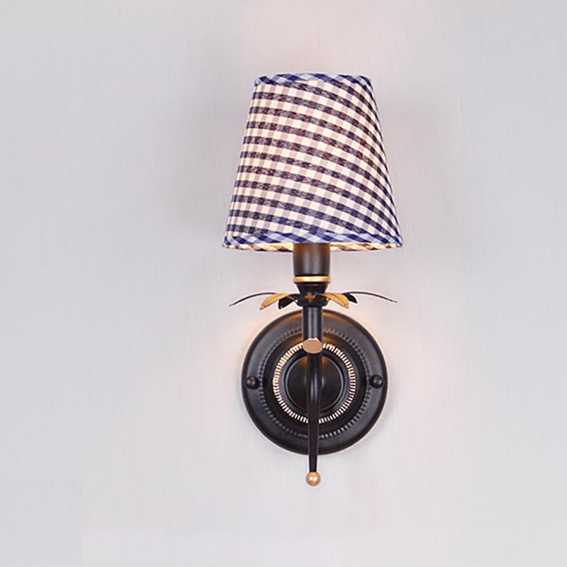 Blue Single Head Wall Mount Light Traditional Metal Conical Sconce Light with Lattice Fabric Shade