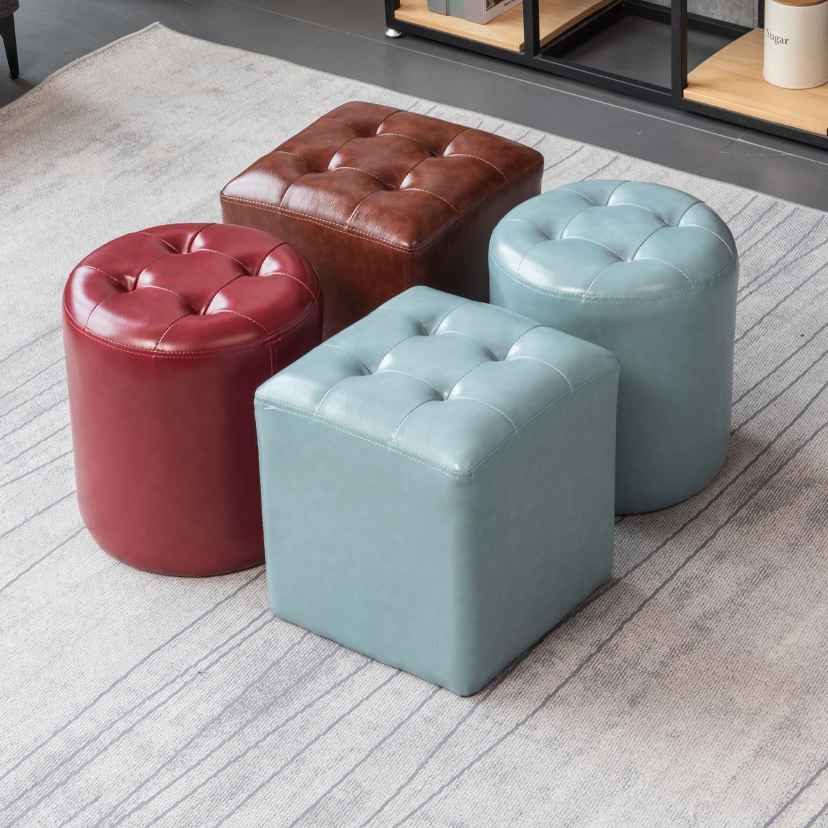 Tufted Ottoman Tear Resistant Faux Leather Contemporary Footstool Ottoman