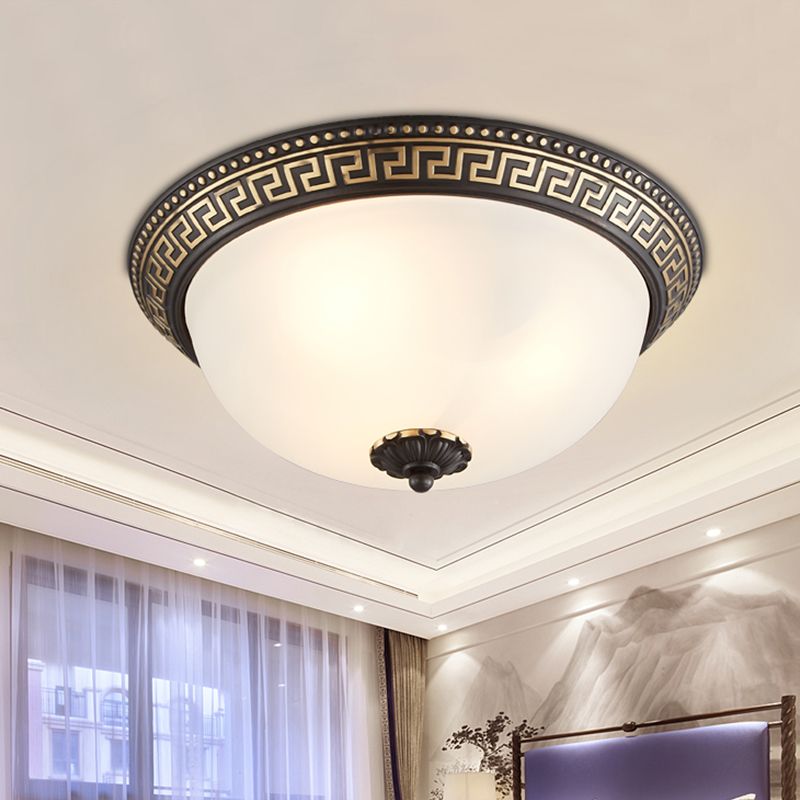 Dome Opaline Glass Ceiling Lighting Retro 2/3-Bulb Bedroom Flush Mount Light Fixture with Swastika Pattern in Black-Gold