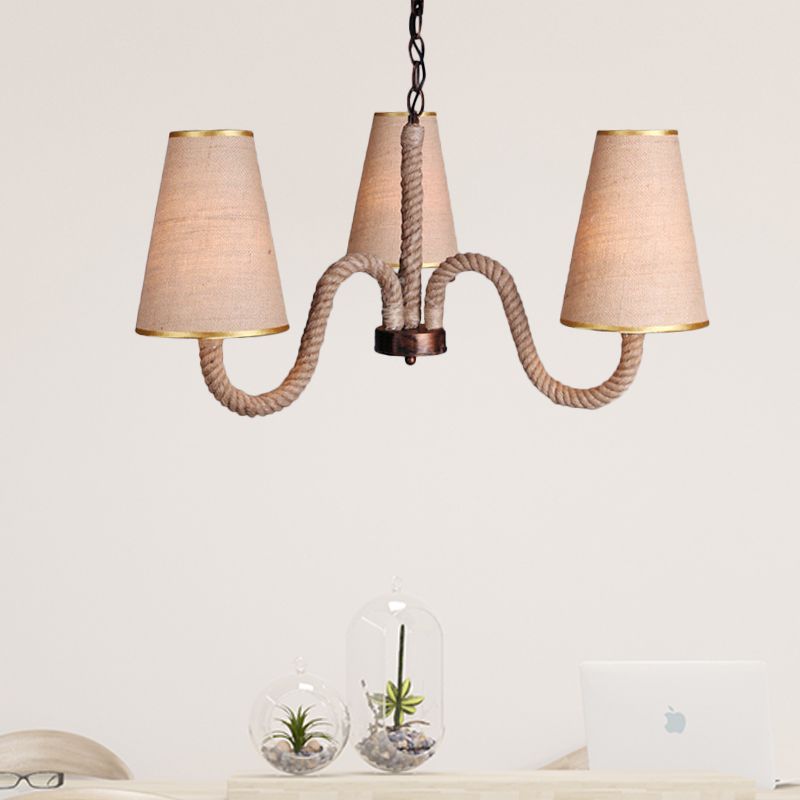 Beige 3/5/8 Heads Ceiling Chandelier Antiqued Rope Curved Arm Hanging Light Fixture with Cone Fabric Shade