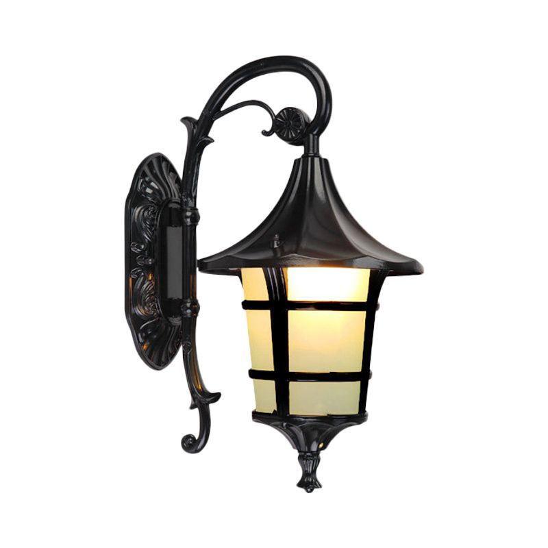 Metal Black/Coffee/Bronze Wall Light Sconce Curved Arm 1 Light Lodge Style Wall Lamp with White Glass Shade