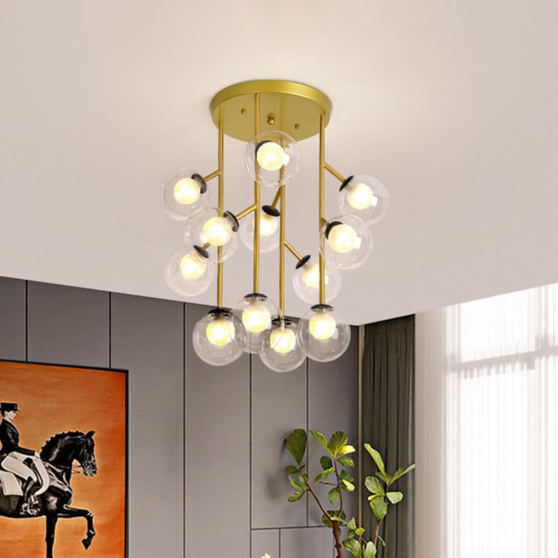 Ball Semi Mount Lighting Modern Clear Glass 9/12 Heads Living Room Close to Ceiling Lamp in Black/Gold