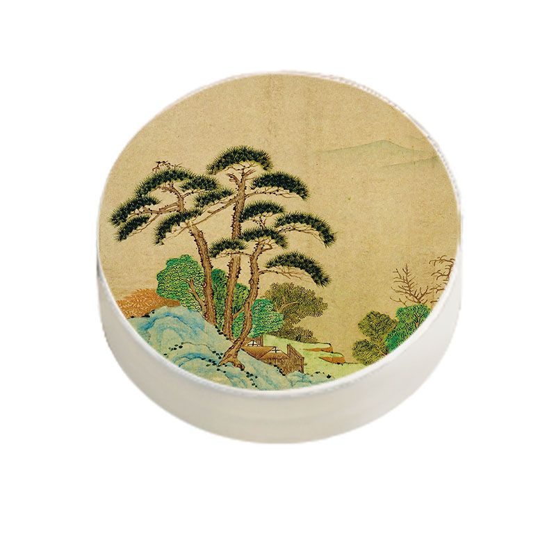 Modern Pouf Ottoman Cotton Upholstered Landscape Painting Round Ottoman