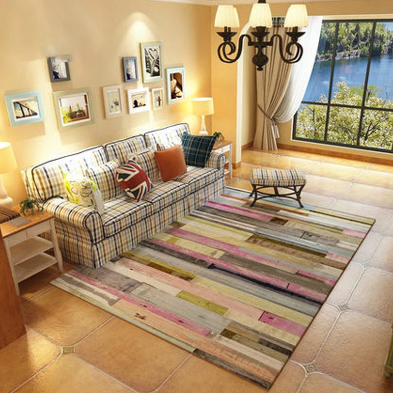Relaxing Stripe Printed Rug Multi Colored Polypropylene Carpet Non-Slip Backing Washable Indoor Rug for Bedroom