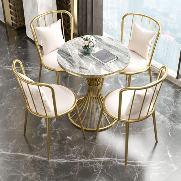 Juego de comedor de cocina glamorosa con top de piedra sinterizado y muebles de comedor de base de metal