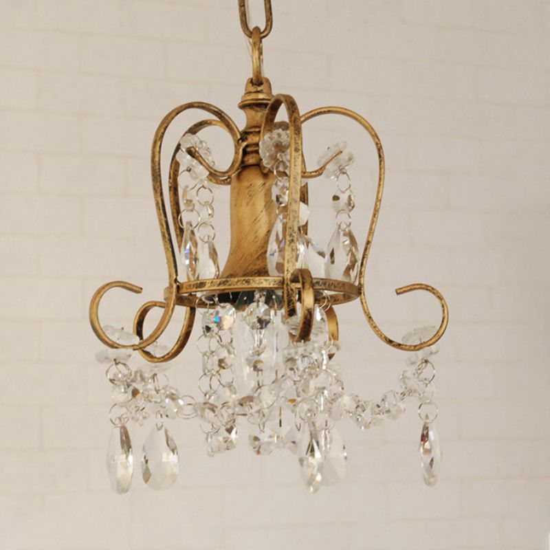 Traditional Scrolled Frame Suspension Light 1 Head Metallic Hanging Lamp Kit in Antique Brass with Crystal Droplet