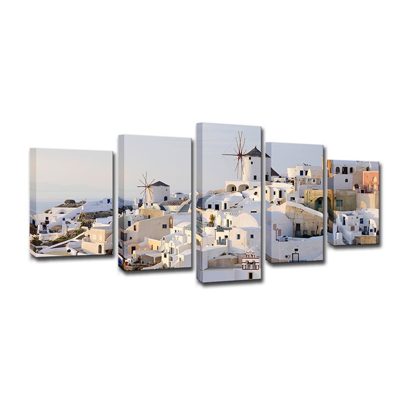 Beautiful Santorini Island Scenery Canvas Wall Art for Dining Room, White and Blue