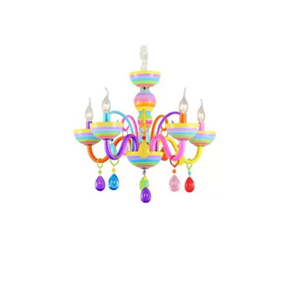 Luz de colgante de vela de vidrio con una lámpara de araña multicolor de cristal para el jardín de infantes