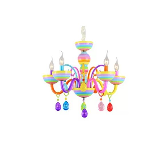 Glass Candle Pendant Light with Crystal Pretty Multi-Colored Chandelier for Kindergarten