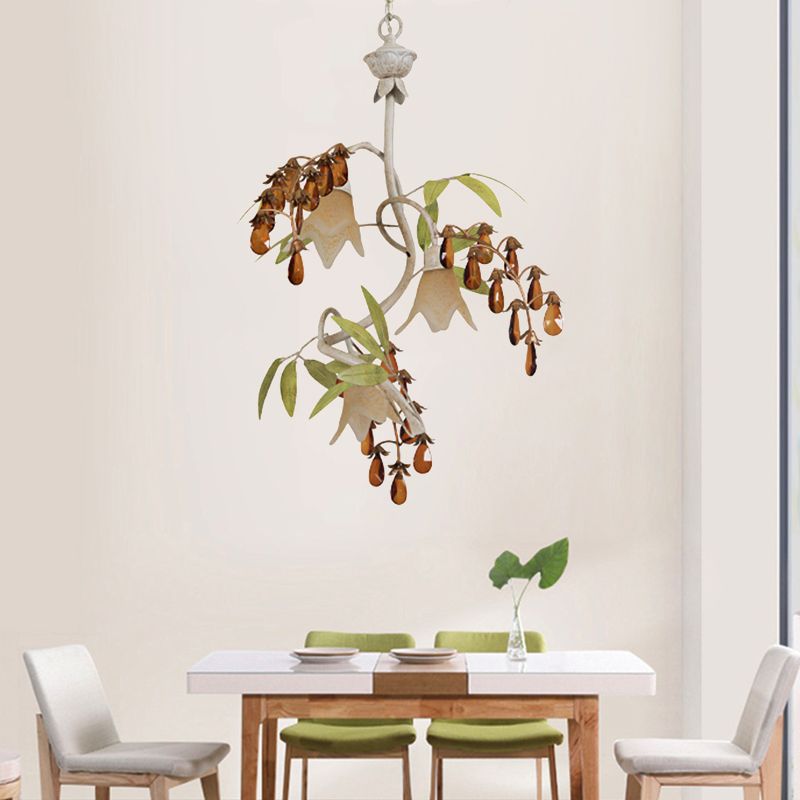 Floral Shape White Glass Chandelier Light Rustic 3 Lights Dining Room Hanging Light with Black/White Arm