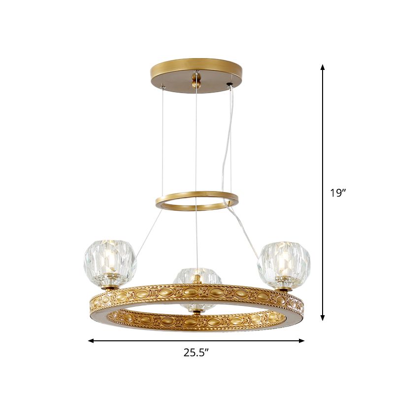 Funzioni di illuminazione sospesa Globe Parlour moderni prismi in oro a 3 teste con design ad anello