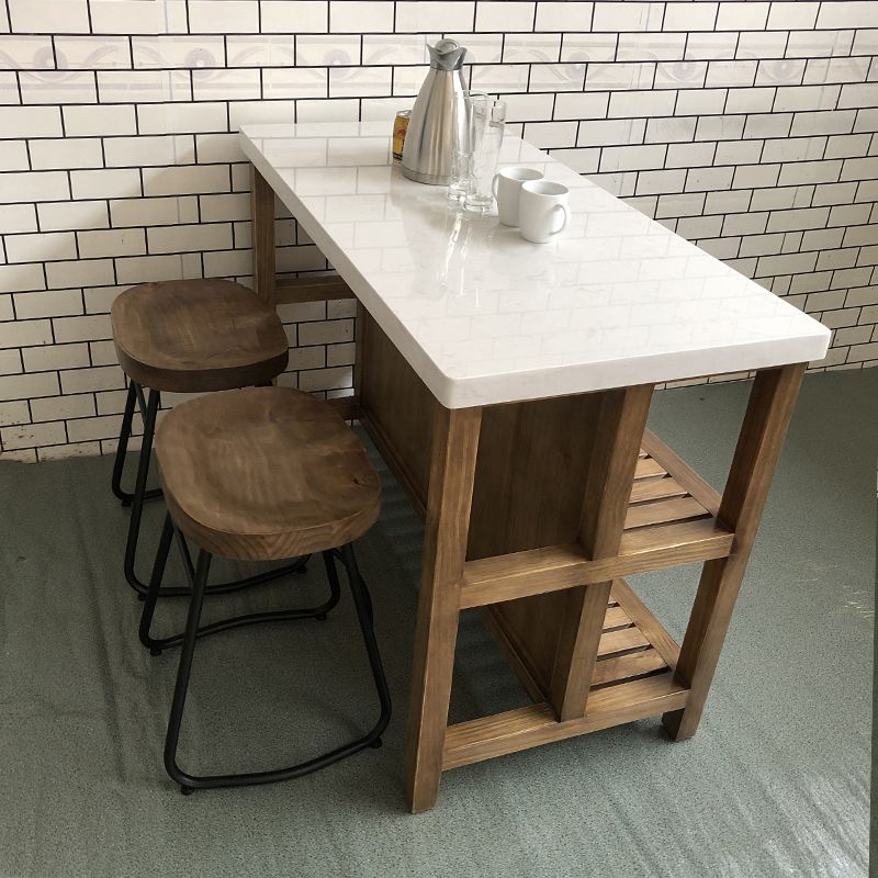 Pine Wood Rectangular Kitchen Island Table with Open Storage
