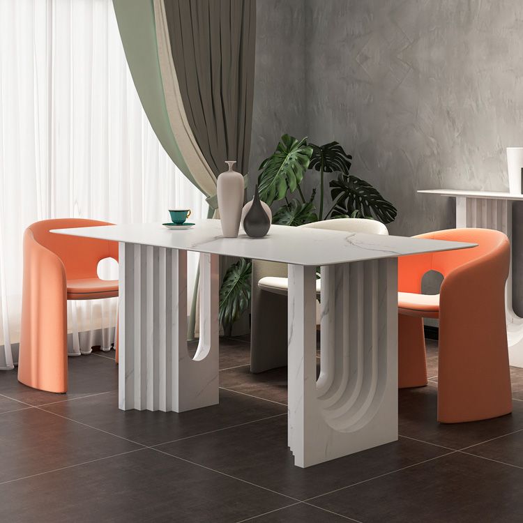 47.24''L Contemporary Sintered Stone Table White Dining Table with Double Pedestal Bases
