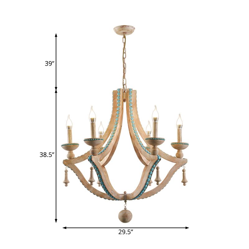 Beige kaarsen plafond kroonluchter traditionele hout 6 koppen hangend lichtarmatuur met groene dennensteen