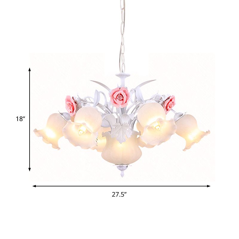 Countryside Blossom Chandelier Lighting Fixture 8 Heads White Glass Pendant Ceiling Light for Dining Room