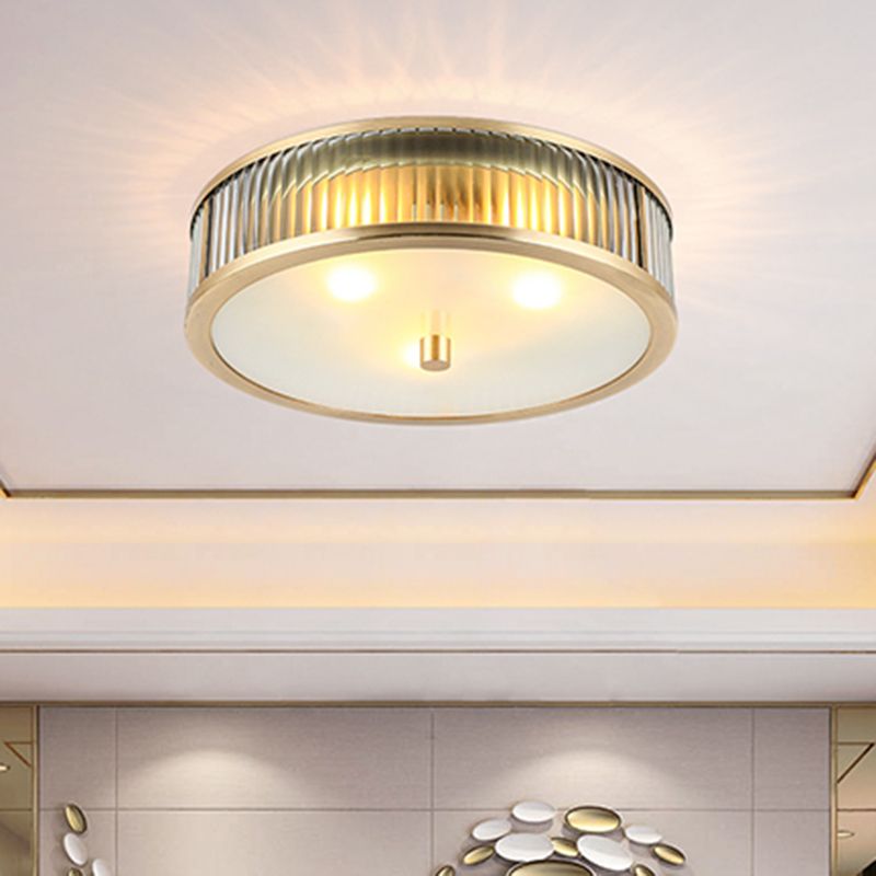 Simplicity Drum Shaped Flush Mount Lamp Clear Ribbed Glass Ceiling Light in Brass for Bedroom