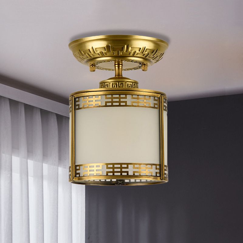 1 Light Semi Flush Mount Classic Cylinder Metal Ceiling Fixture in Brass for Corridor