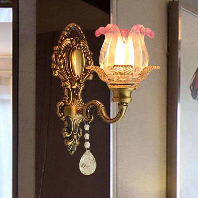 Retro Flower Wall Lighting Ideas 1 Bulb Pink-Clear Fading Glass Sconce Light in Brass