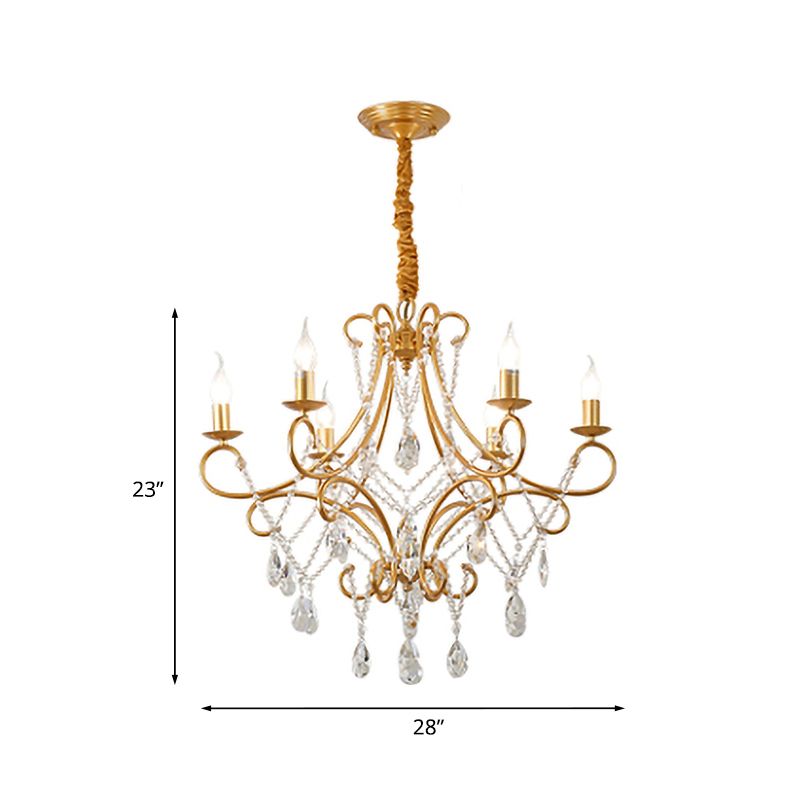 Gold Candle Style Scroll Arm Chandelier Victorian Crystal 5/6-Bulb Dining Room Ceiling Pendant Light