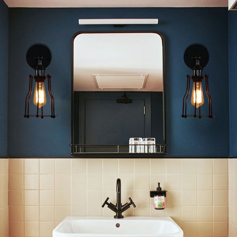 Luz de pared enjaulada de hierro Estilo retro 1 cabezal accesorio de iluminación de pared de sala de estar en negro