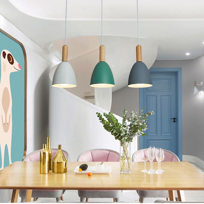 Metal Dome Shade Hanging Light Living Room 3 Light Macaroon Solid Wood Lighting Fixture Pendant