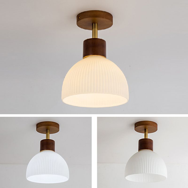 Modern Ceiling Lamp Wooden Flush Mount Light Fixture with Glass Shade for Bedroom