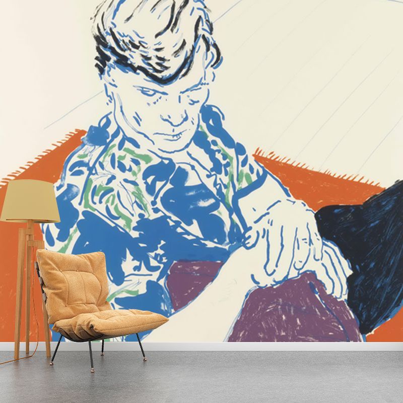 Man in Hawaiian Shirt Mural Orange and Blue Pop Art Wall Decoration for Living Room