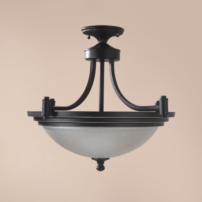 Bowl Shade Frost Glass Semi Flush Mount Vintage 3 Bulbs Entryway Ceiling Mounted Light in Black
