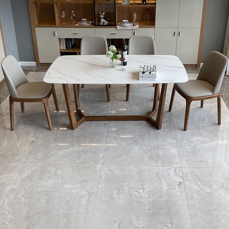 Contemporary Style White Slate Dining Table Rectangular Formal Dinette Set with Wood Base