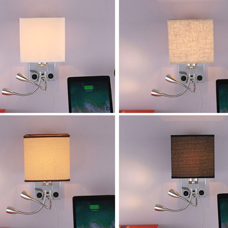 15.7" H Modern Simplicity Bedside LED Reading Lamp Square Fabric Shade Dual Spotlight Design Sconce Lights in Bedroom