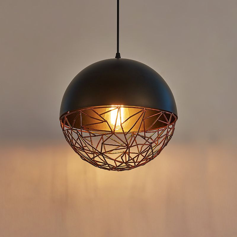 Iron Domed Hanging Ceiling Light Factory 1 Light Dining Room Down Lighting in Black with Wire Cage