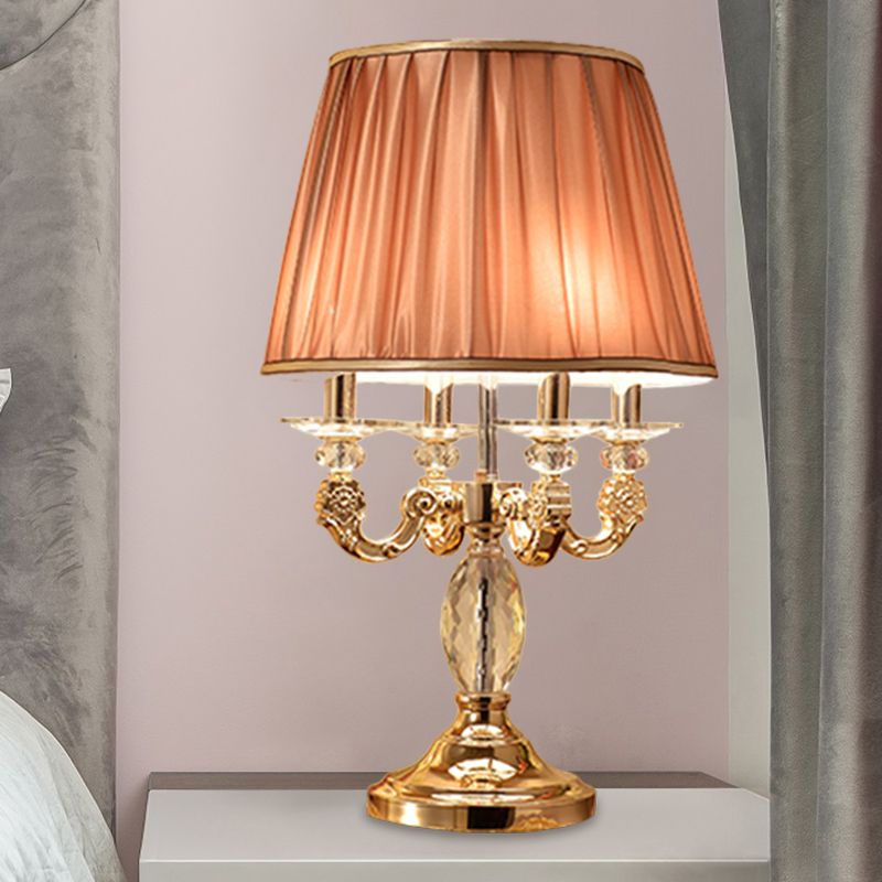 Metal Candelabra Shaded Table Light Traditional 4 Heads Sleeping Room Nightstand Lamp in Gold with Crystal Raindrops