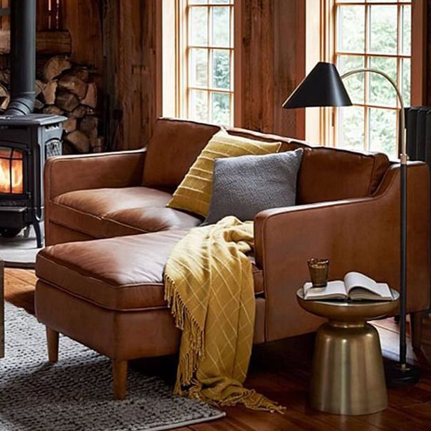 Mid Century Modern Sloped Arm Sofa Faux Leather Sofa for Living Room