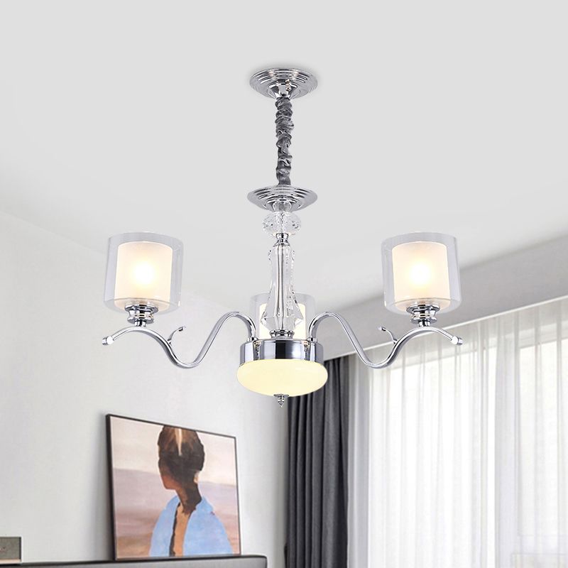 3 bollen chroom dubbele cilinder kroonluchter modern helder en opaalglas plafond hang armatuur