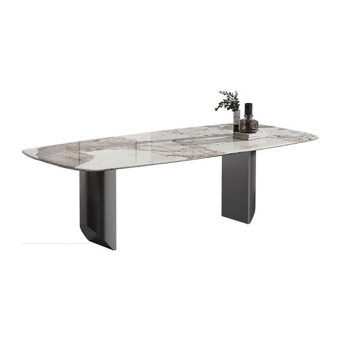 Metal Contemporary Rectangular Dining Table Sintered Stone Table with Double Pedestal