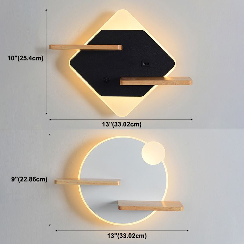 Geometric Shaped Wall Light Modern Acrylic Bedroom LED Sconce Light with Wooden Rack