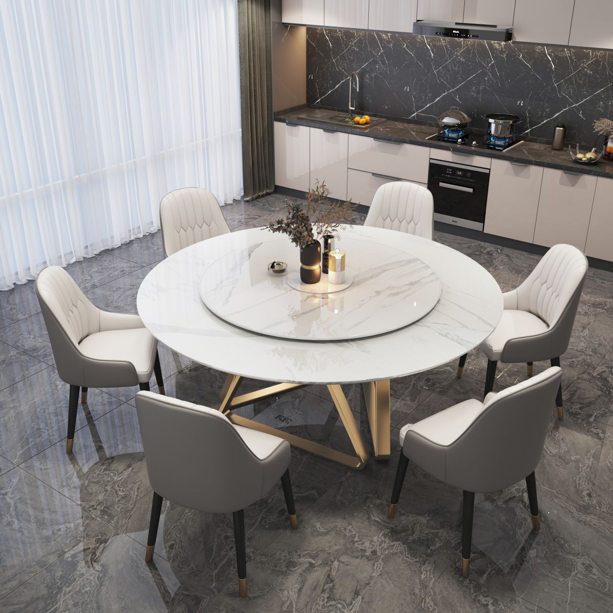 Glam Sintered Stone Top Standard Dining Table Round Shape Dining Table for Kitchen