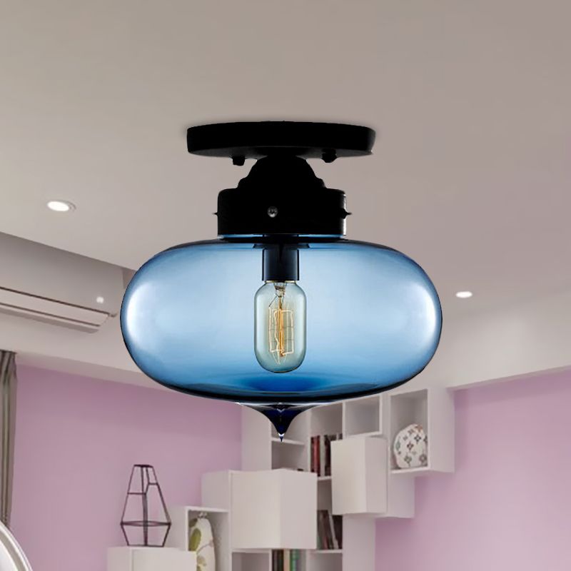 Black One Light Ceiling Mount Industrial Red / Brown / Amber Glass Oval Shade Semi Flush Light for Dining Room