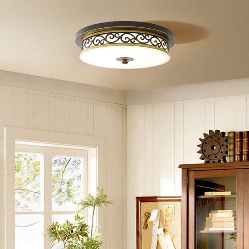 Drum Shaped LED Ceiling Lamp Traditional White Glass Flush Mount Lighting for Dining Room