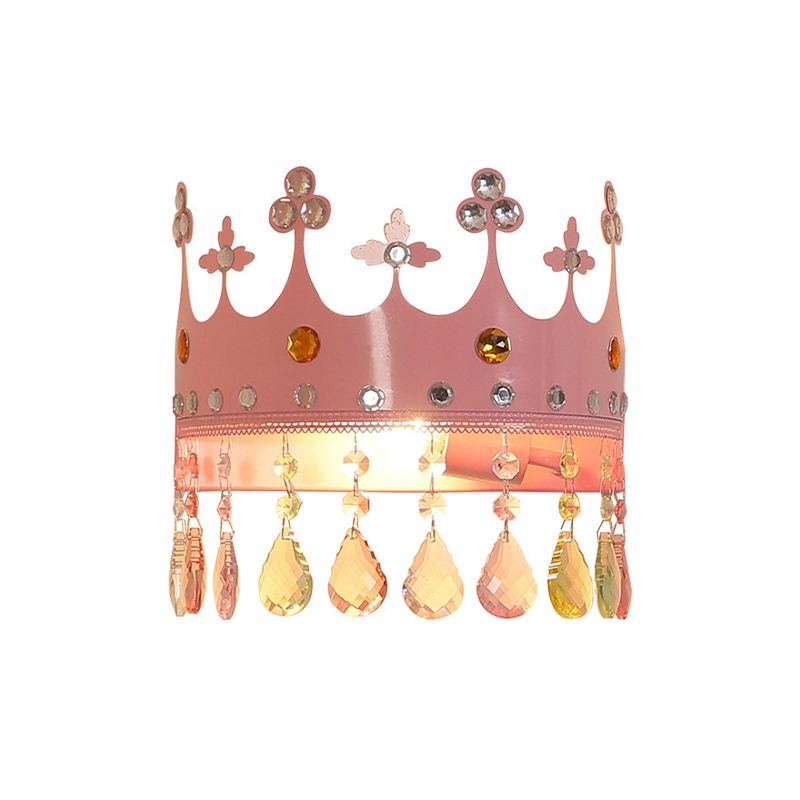 Crown Sconce Light Fixture Cartoon Iron LED Pink/Gold Wall Mount Light with Crystal Drop Deco