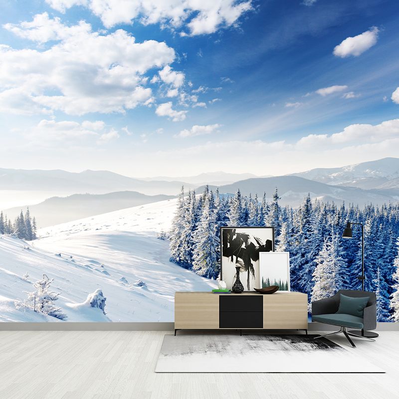 Modern Snowy Pine Forest Mural Wallpaper Blue-White Waterproof Wall Art for Living Room