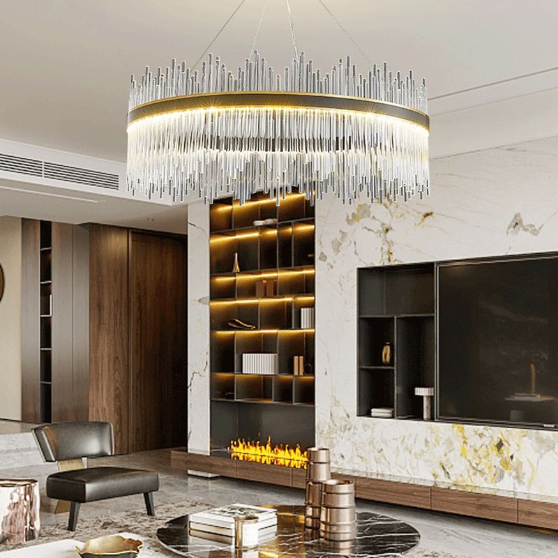 Contemporary Nordic LED Hanging Pendant Light Crystal Circular Chandelier for Living Room