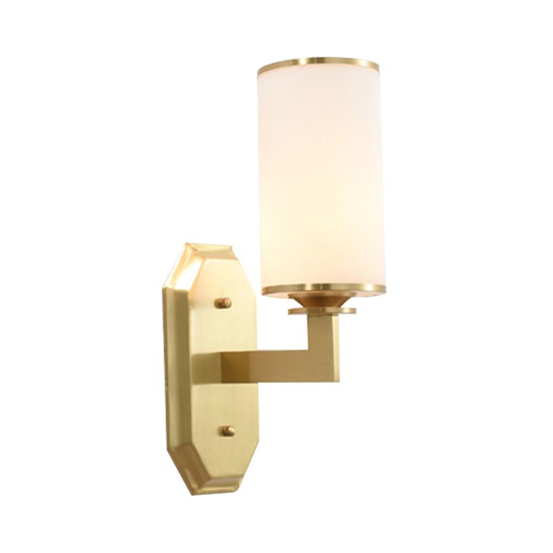 1/2-Head Wall Mounted Lighting Modern Stylish Cylindrical Shade Frosted White Opal Wall Lamp in Brass