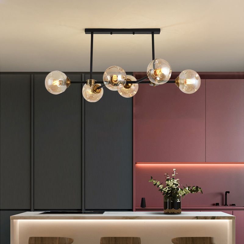 Luce di isola a 6 luci nere in moderno stile a sospensione in ferro battuto in stile creativo con tonalità di vetro