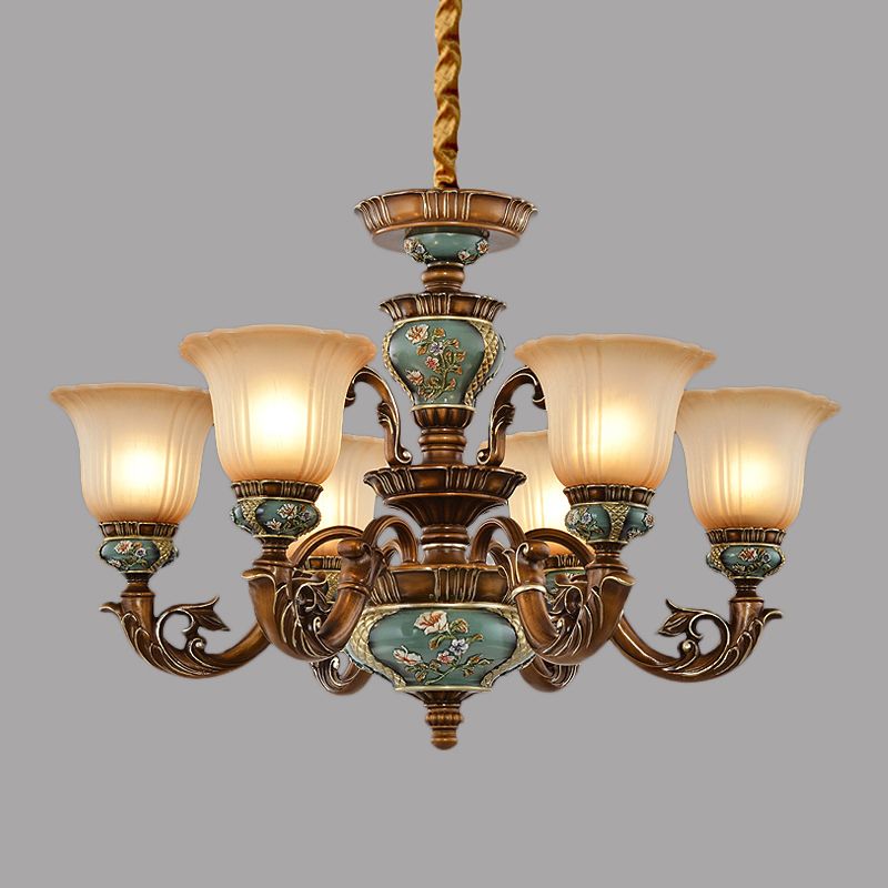 6/8-Bulb Suspension Pendant Light Antique Style Blossom Shaped Opal Glass Chandelier Light Fixture in Brown