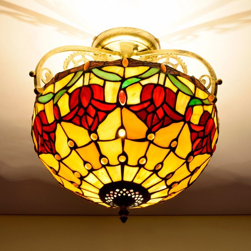Mediterranean Petal Semi Mount Lighting 2 Lights Stained Art Glass Close to Ceiling Lamp in Yellow