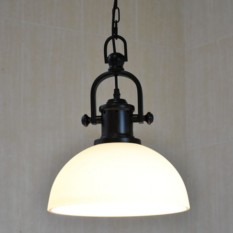 Wrought Iron Single Hanging Light in Industrial Retro Style Dome Glass Ceiling Light for Dining Room